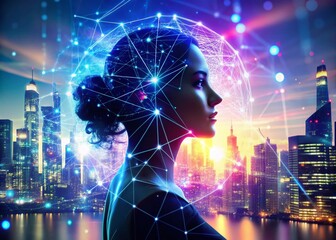 Poster - Woman's Profile Merging with Technology in Night Photography: Exploring AI, Communication Networks, and the Future of Artificial Intelligence Interaction