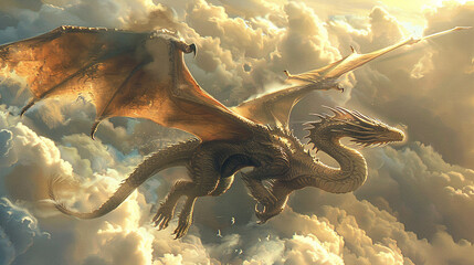 Wall Mural - an enchanting miniature painting of a majestic dragon soaring through the clouds, its scales gleamin