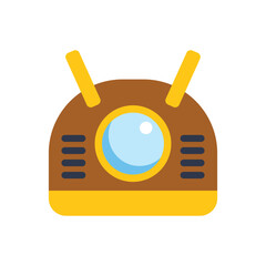 Poster - cute robot head with antennae is looking up, with a smiling face and a flat design, perfect for tech