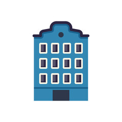 Poster - simple vector illustration featuring the facade of a blue apartment building with many windows