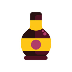 Poster - round glass bottle containing dark red wine with yellow label, isolated on white background
