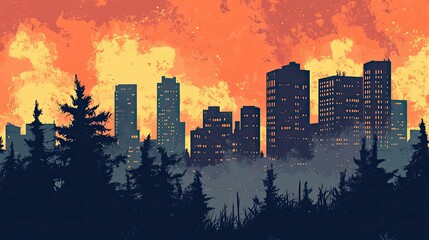 Poster - City Skyline Silhouetted Against a Fiery Sky