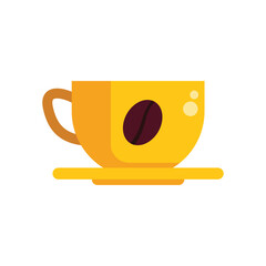 Poster - yellow coffee cup sitting on a saucer, with a coffee bean symbol, and bubbles representing a hot bev