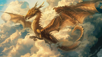Wall Mural - an enchanting miniature painting of a majestic dragon soaring through the clouds, its scales gleamin