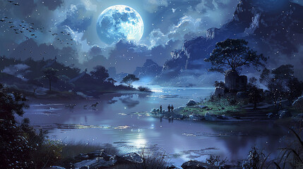 Wall Mural - an enchanting moonlit scene, with a tranquil lake, silvery moonlight, and shadowy figures moving thr