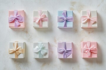 Poster - Nine meticulously crafted gift boxes adorned with pastel ribbons are beautifully arranged on a soft, light background. Generative AI