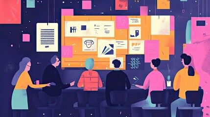 Poster - Five People Discussing Ideas on a Wall of Sticky Notes