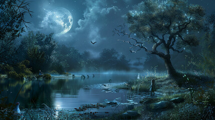 Wall Mural - an enchanting moonlit scene, with a tranquil lake, silvery moonlight, and shadowy figures moving thr