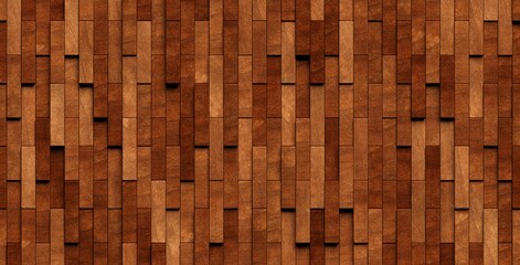 Wall Mural - Close up of randomly offset vertically arranged wooden short oblong rectangle blocks background texture or hardwood wallpaper template, flat lay top view from above