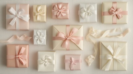 Wall Mural - Elegant handcrafted paper gift boxes in soft pastel colors are styled with satin ribbons, perfect for celebrations or thoughtful surprises. Generative AI