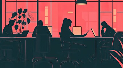 Poster - Silhouetted Figures Working at Desks in an Office