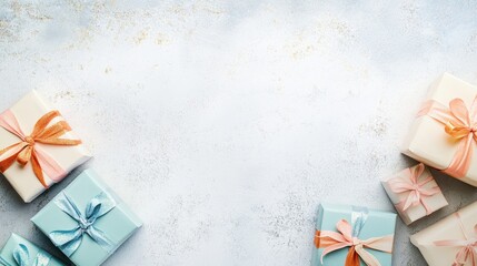 Poster - Elegant handcrafted paper gift boxes in soft pastels are neatly arranged, ready for birthdays, weddings, and thoughtful gifting moments. Generative AI