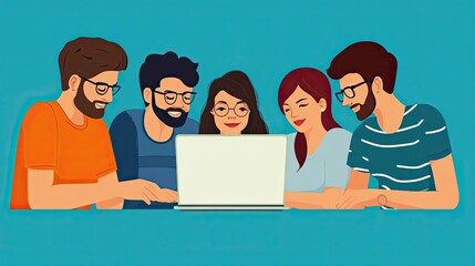 Poster - Four Young Adults Collaborating Around a Laptop