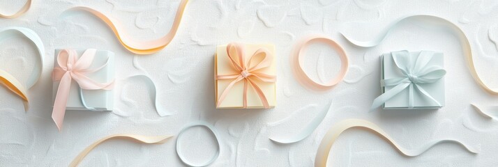 Aufkleber - Handcrafted gift boxes in soft pastel colors adorned with delicate ribbons perfect for gifts at special events, birthdays, or holidays. Generative AI