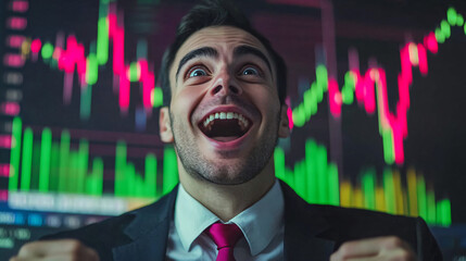 Leinwandbilder - Businessman exulting in front of trading charts, elated by market profits