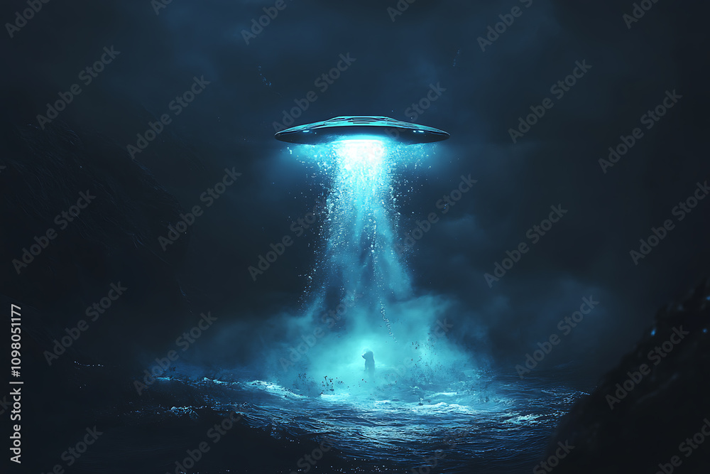 A glowing UFO dives into the ocean, creating splashes and illuminating the dark water, hinting at the presence of a secret underwater base.