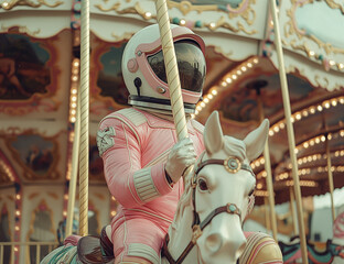 Wall Mural - Astronaut in pink spacesuit riding a white horse on a carousel. Surreal fashion and concept art with playful retro aesthetic.