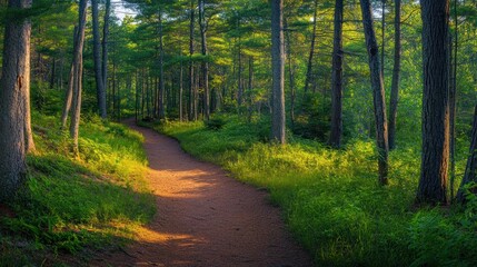 Poster - Sunlit Forest Path Winding Through Lush Green Trees