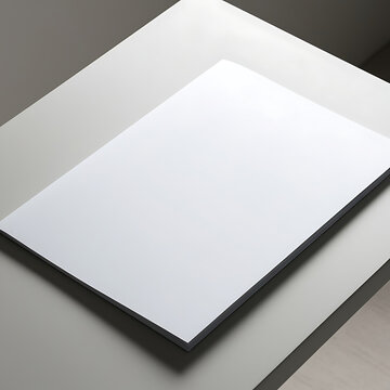 A sleek, high-quality photograph of a white, blank page lying horizontally on a clean, minimalist surface, with a subtle, soft box light source casting a gentle shadow.