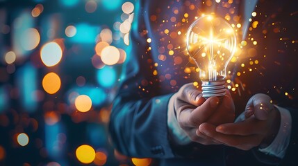 Poster - Man holds a glowing lightbulb, radiating brilliance and sparks. It symbolizes innovative thinking and the power of ideas.