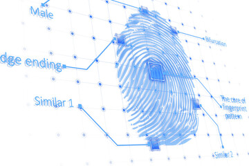 Poster - Digital fingerprint blueprint with holographic blue lines, labels, and data points connected, isolated on a white background, concept of identity. 3D Rendering.