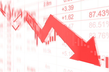Poster - Red arrow pointing downward, financial data in the background, transparent layout, white backdrop, concept of economic or market decline. 3D Rendering.