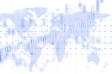 Poster - Abstract world map with blue financial chart elements, data overlays, and gridlines on a white background, concept of global technology. 3D Rendering.