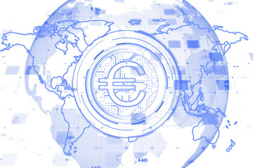 Poster - Digital Euro symbol with holographic circuitry and world map in blue tones on a white background, representing modern financial technology. 3D Rendering.