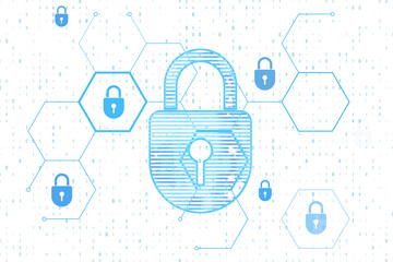 Poster - Blue digital lock with hexagonal networks on white background, representing cybersecurity, data protection, and online security concepts. 3D Rendering.