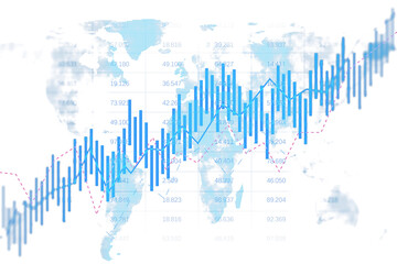 Aufkleber - Financial chart with blue bars and pink trendlines over a global map, holographic style, white background. Concept of global finance. 3D Rendering.