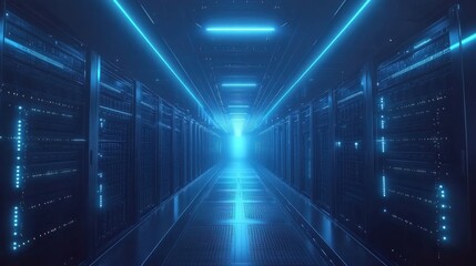 Poster - A corridor view of a data center bustling with activity, showcasing rows of rack servers and supercomputers, illuminated by a high-definition internet visualization projection.