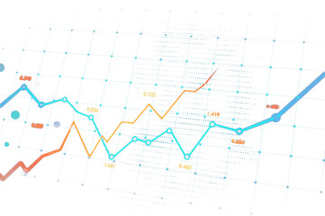 Poster - Data graph in orange and blue with numbers and grid lines, isolated on a white background, concept of analytics, business, technology. 3D Rendering.