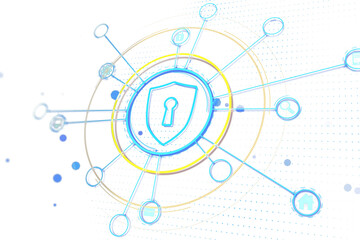 Poster - Shield and keyhole icon connected to network symbols, neon outline style, white background. Abstract concept of cybersecurity technology. 3D Rendering.