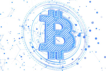 Poster - Bitcoin symbol in neon blue hologram style with abstract digital lines, dots, and futuristic design on white background, concept of cryptocurrency. 3D Rendering.