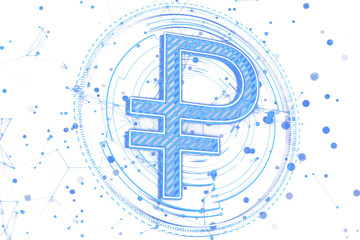 Poster - Blue holographic ruble symbol surrounded by abstract futuristic lines, dots, and digital elements on a white background. Concept of cyberspace. 3D Rendering.