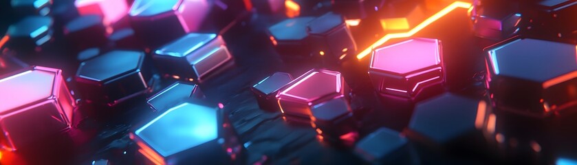 Poster - Abstract Neon Illuminated Hexagonal Geometric Shapes