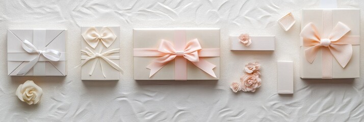 Wall Mural - Elegant handcrafted paper gift boxes with pastel ribbons are arranged beautifully, perfect for gifting on special occasions or celebrations. Generative AI