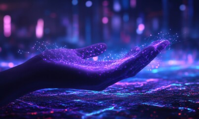 Poster - Metaverse technology concepts. A woman's hand holding a network globe connection. Internet communication and wireless connection technology. Futuristic technology with polygonal shapes.