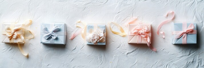 Aufkleber - Five beautifully crafted paper gift boxes in soft pastels are tied with elegant ribbons, showcasing a delightful display for gifting events. Generative AI