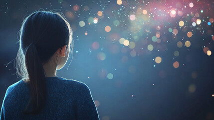 Aufkleber - Young girl gazing up at vibrant bokeh lights. Eyes filled with wonder and amazement. Sparking hope and inspiration. Capturing childhood essence in festive
