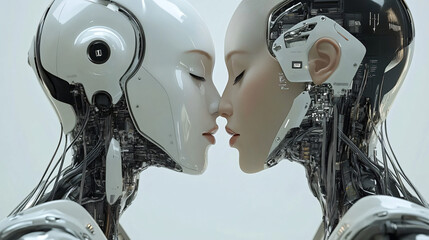 Aufkleber - Two female robots kiss in a futuristic scene, blending technology and emotion. The metallic figures show love and connection in a digital world