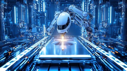 Poster - Futuristic Robotic Arm in High Tech Industrial Automation Factory with Blue Lighting and Geometric Patterns