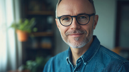 Canvas Print - Middle-aged man wearing eyeglasses smiles confidently in a relaxed setting for portrait