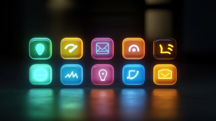 Poster - Neon Glowing App Icons Displayed On Dark Surface