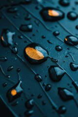 Poster - Water droplets glistening on a dark surface with orange reflections in the evening light