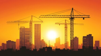 Poster - Sunset Silhouette of Construction Cranes and City Buildings