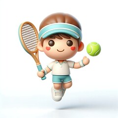 Wall Mural - 3d render cute cartoon of a male tennis player in uniform holding a tennis racket with a ball character isolated on white background, sports concept	