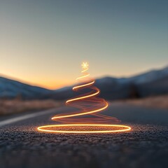 Wall Mural - Illuminated Christmas tree design on a scenic road