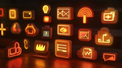 Poster - Glowing Neon App Icons Displayed On Dark Background