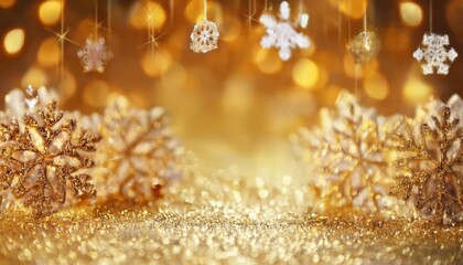 Aufkleber - Radiant Golden Christmas Background. Glittering Snowflakes and Warm Bokeh Lights for Holiday Themed Decor, Festive Greeting Cards, Invitations, Seasonal Campaigns, and Winter Wonderland Designs